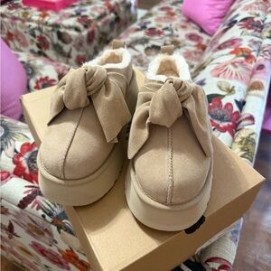 UGG Tan Suede Platform Slip-On with Bow Accent